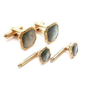 Vintage Cuff Links Collar Studs Set Mother of Pearl gold tone Suit Accessory